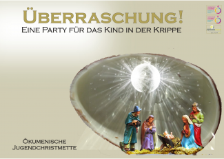 Bild von Krippenfiguren mit Titel: "Überraschung! Eine Party für das Kind in der Krippe"