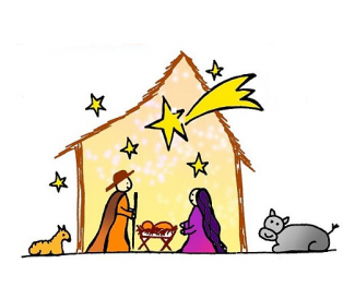 Bild von der Krippe mit Maria, Josef, Jesus, Stern, Ochs und Esel
